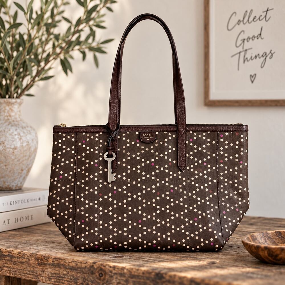 Fossil Brown Leather Polka Dot Shoulder Bag